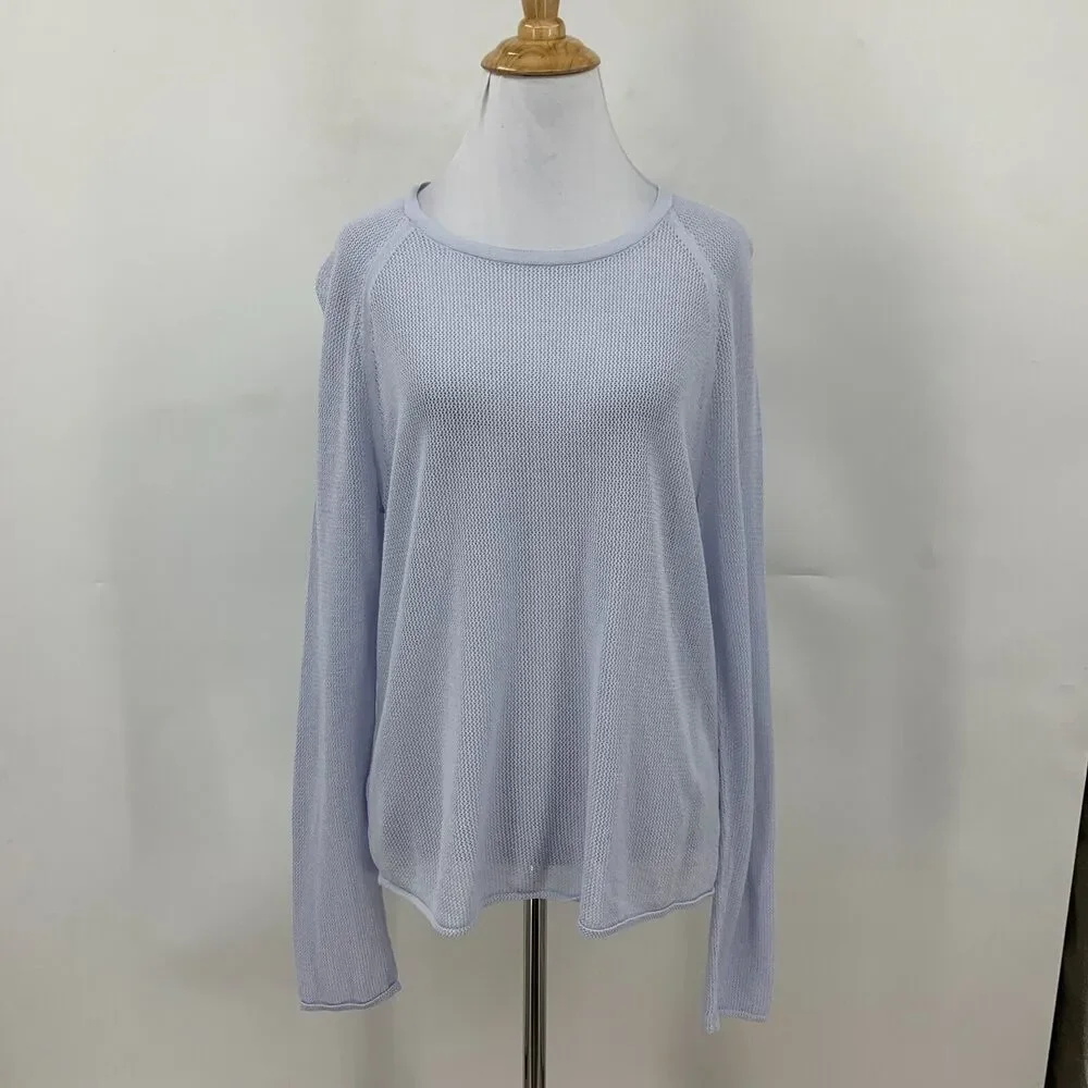 Eileen Fisher Crochet Sweater Womens M Medium Blue Tencel Lyocell Raglan Seams